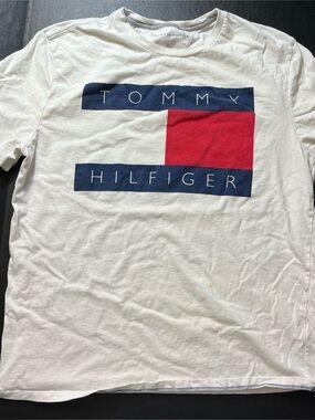 Tommy Hilfiger T-Shirt COLOR BLOCK White Soft L Tagless Spell Out*